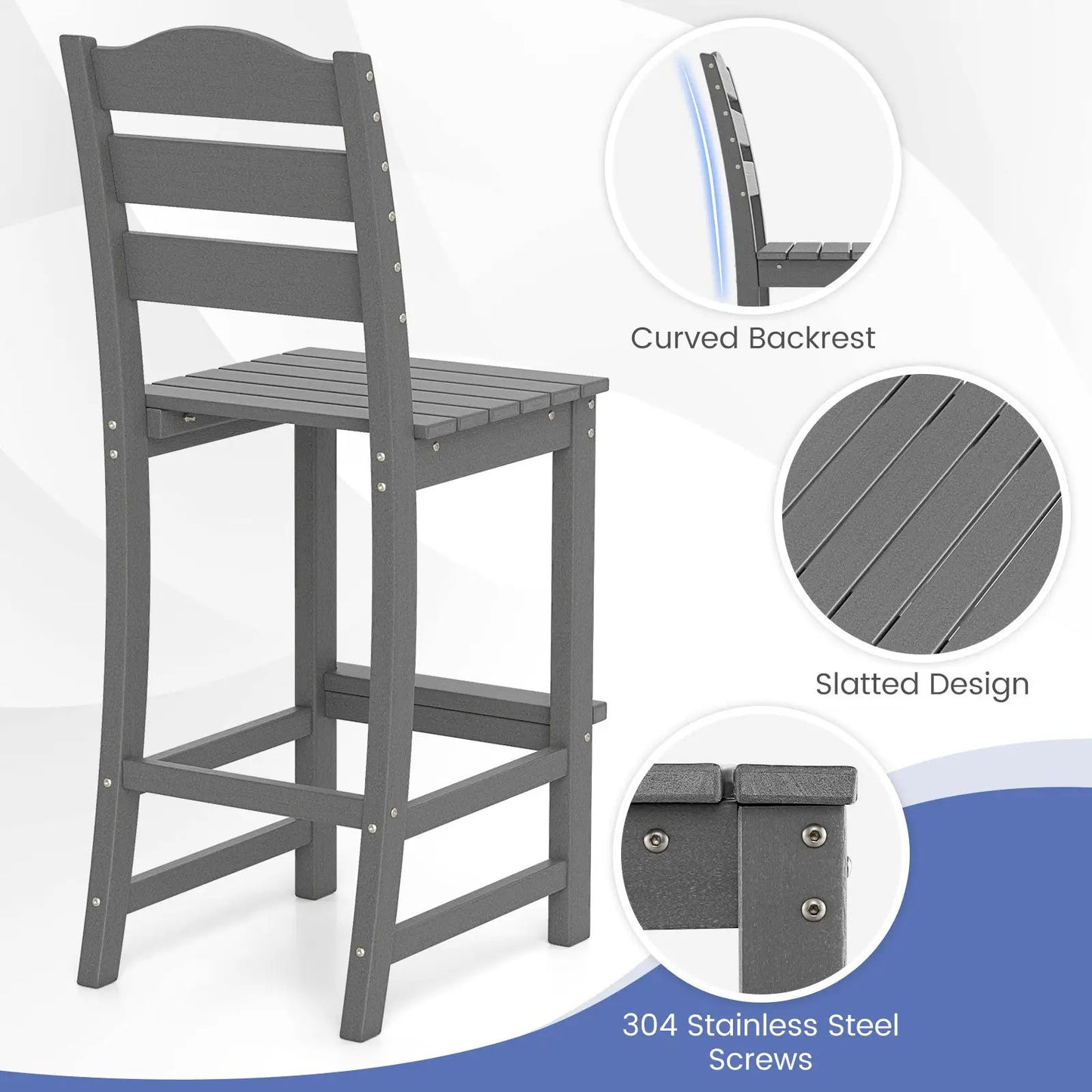 Set of 2 gray outdoor counter-height bar stools with curved backs and slatted seats on Tampa Home & Garden Store
