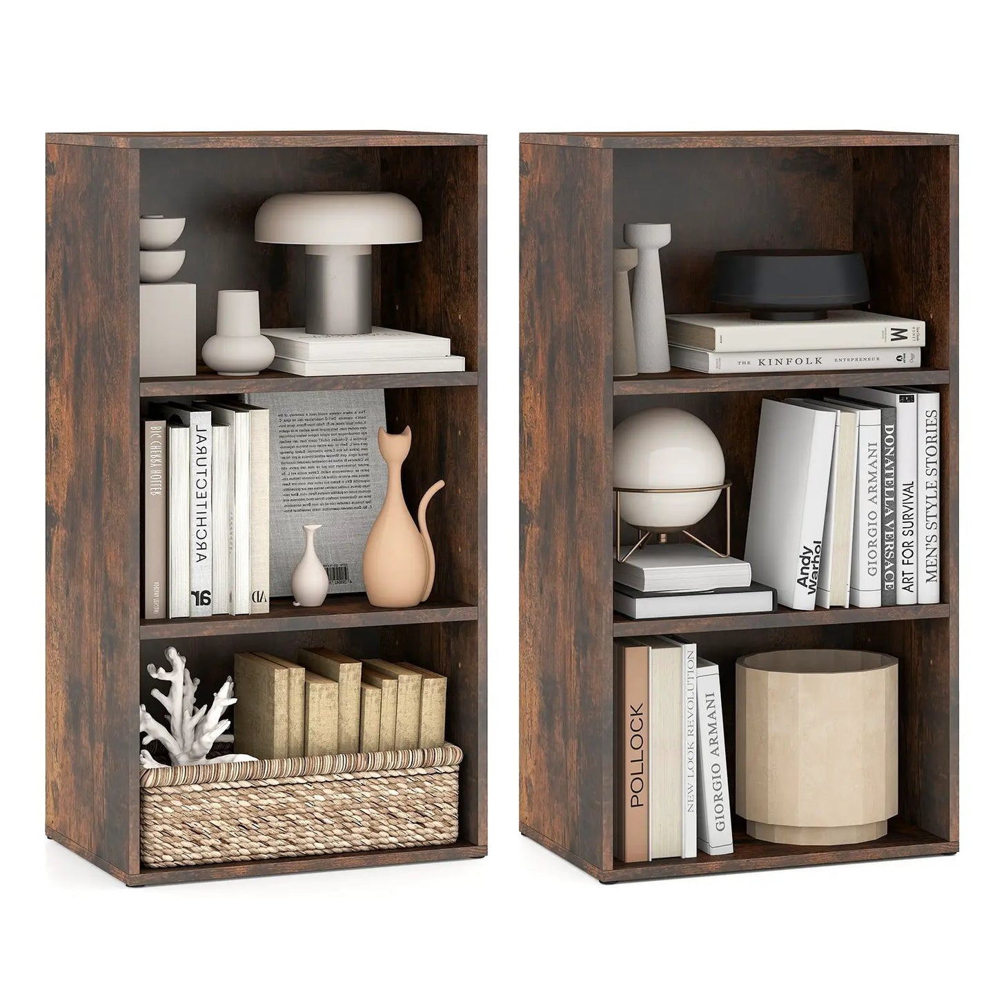 Two dark wood 3-tier cube bookcases with adjustable shelves for home decor and storage on Tampa Home & Garden Store