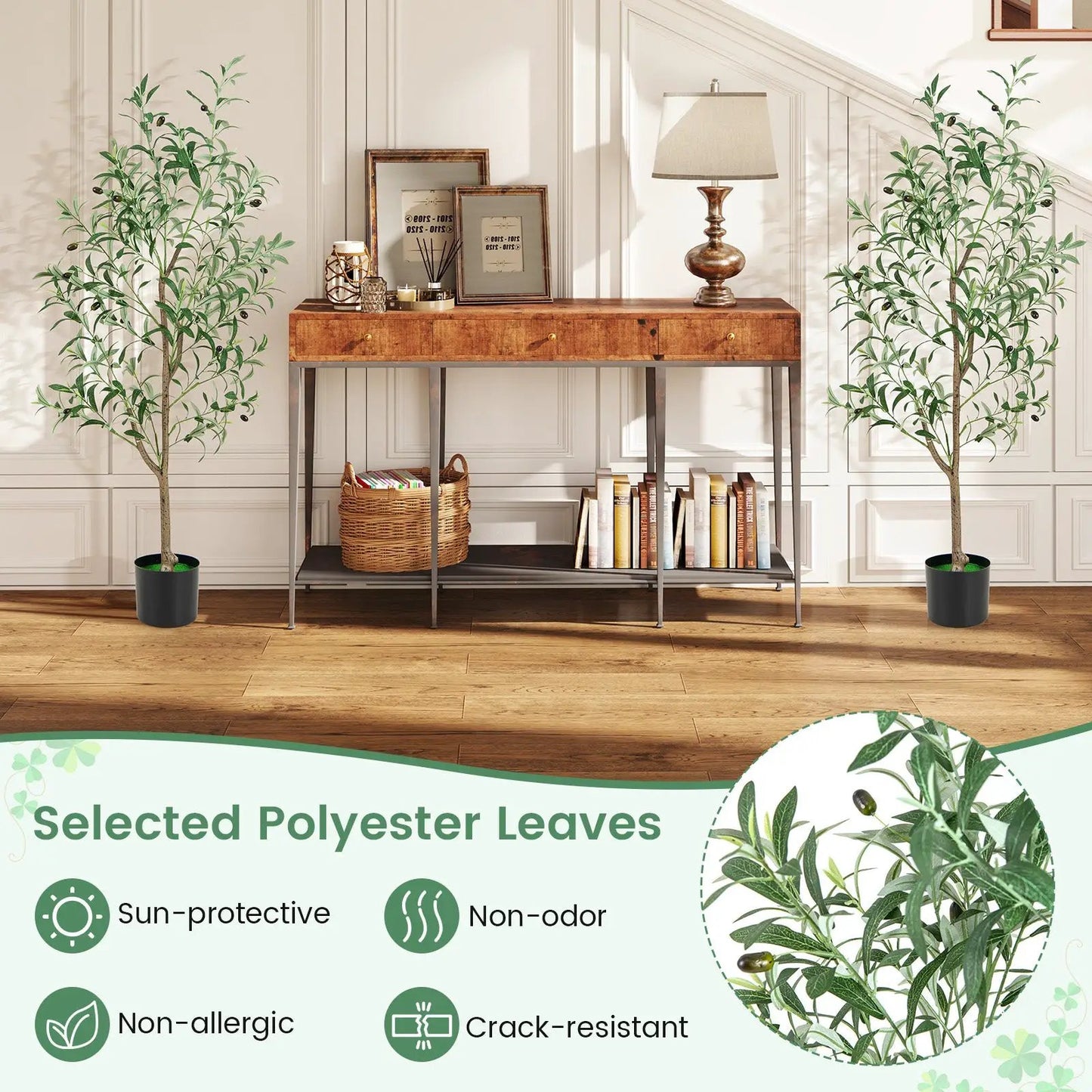 Artificial olive trees, two 4.5 ft in black pots beside a table on Tampa Home & Garden Store