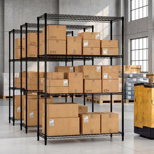 Set of 2 black 4-tier metal storage shelving units in a warehouse, loaded with cardboard boxes on Tampa Home & Garden Store