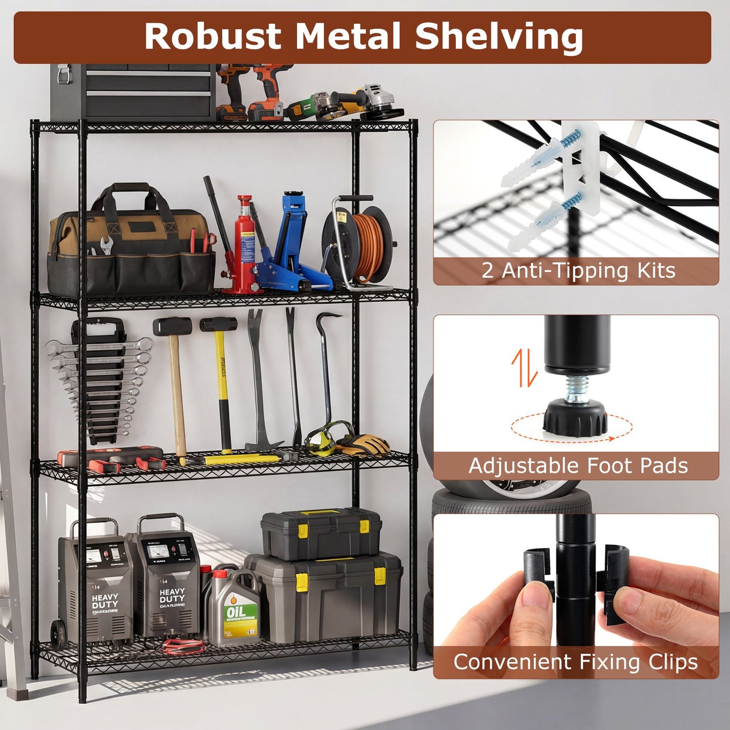 Set of 2 4-Tier Metal Storage Shelving Unit with V-Shaped Wire Rack-Black