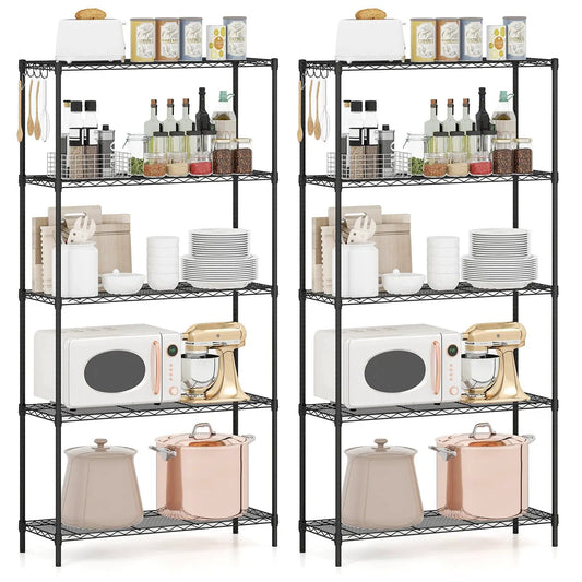 Set of 2 black 5-tier metal shelving units with wire grid shelves for industrial storage on Tampa Home & Garden Store