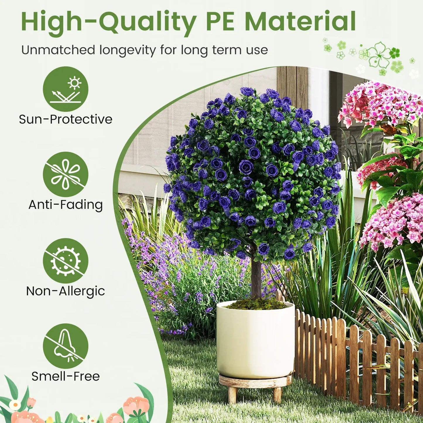 22-Inch set of 2 purple rose topiary ball trees in cement-filled pots on Tampa Home & Garden Store