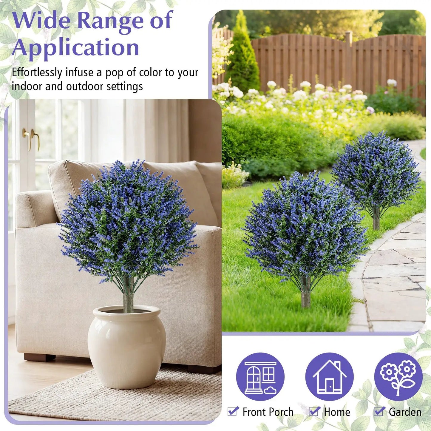 Set of 2 artificial lavender topiary ball trees with ground spikes for indoor and outdoor display on Tampa Home & Garden Store