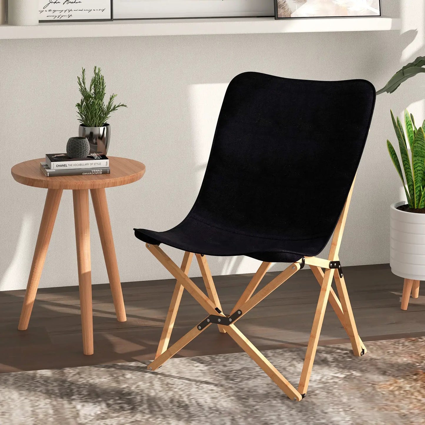 Set of 2 bamboo dorm chairs with storage pockets and black fabric seats folding on Tampa Home & Garden Store