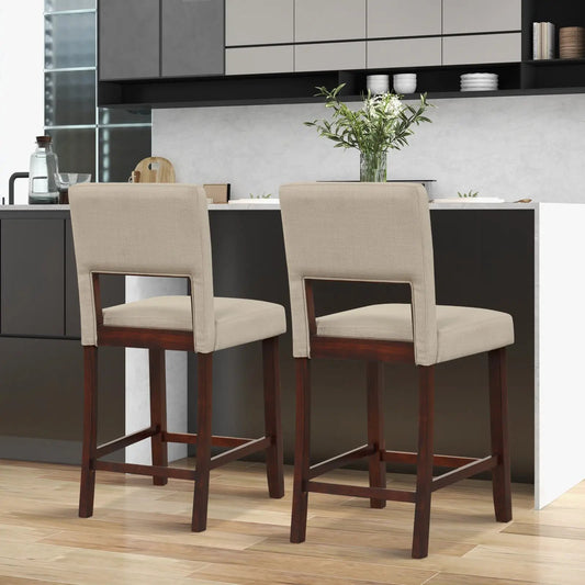 2 Piece Bar Chair Set beige upholstered stools with hollow back and dark wood legs DirectDeals on Tampa Home & Garden Store