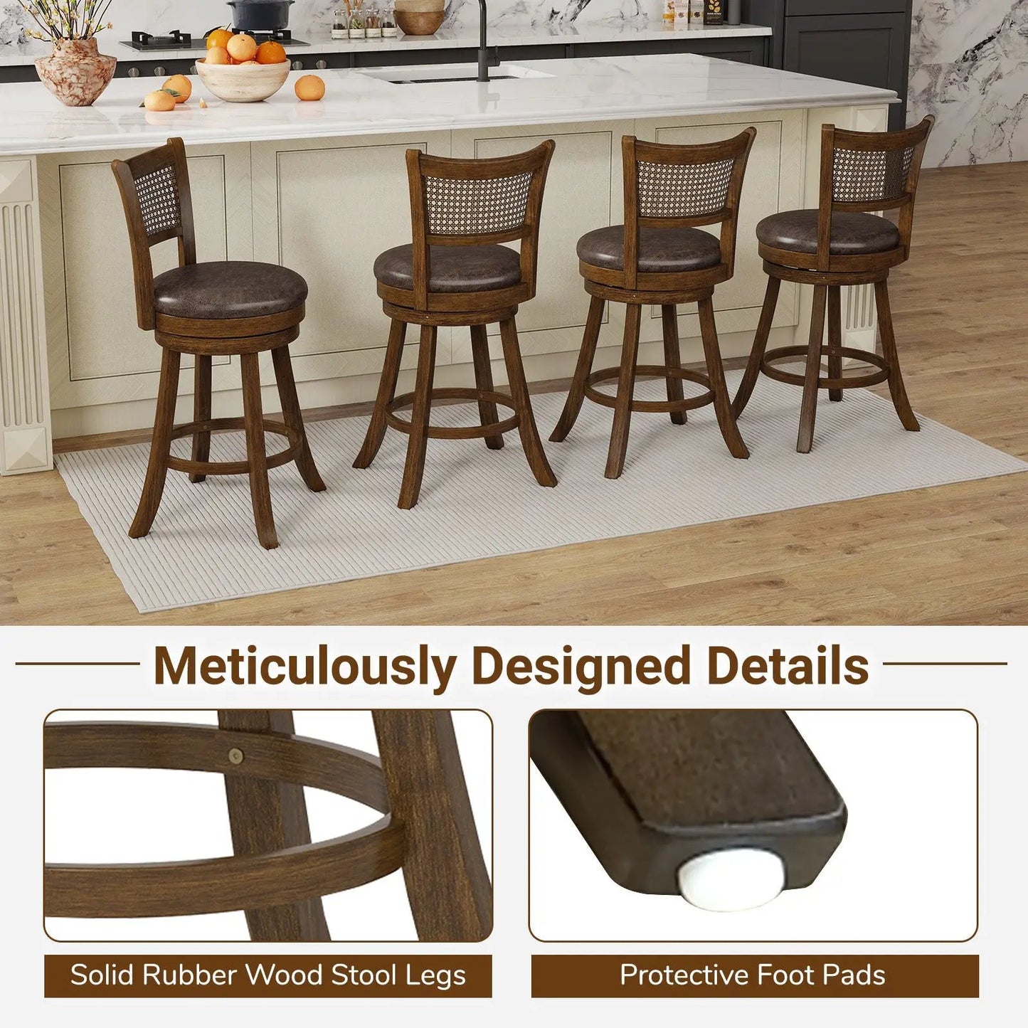 Bar stools four-pack brown swivel chairs with caned backs and cushioned seats on Tampa Home & Garden Store