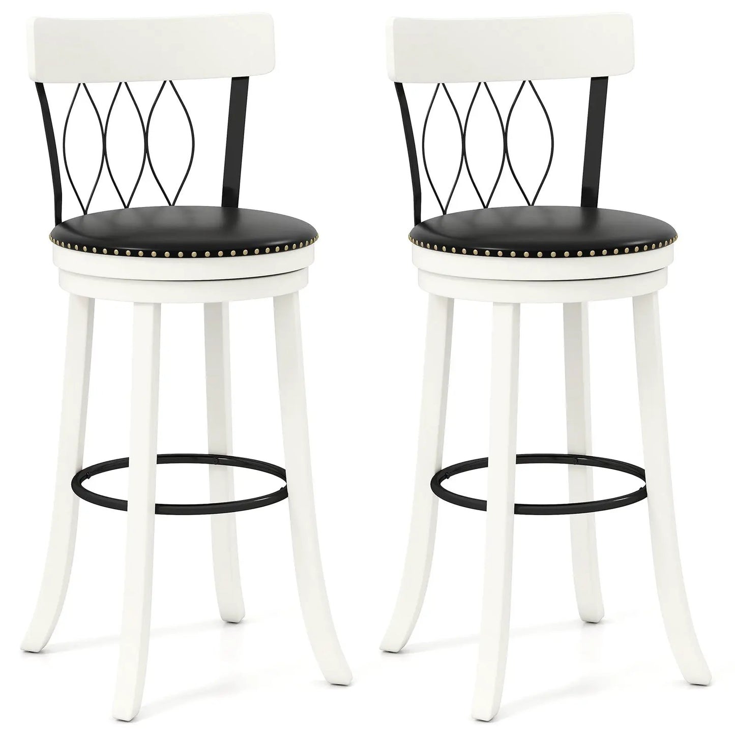 Set of 2 swivel bar stools with white rubberwood frames, black seats and brass studs on Tampa Home & Garden Store