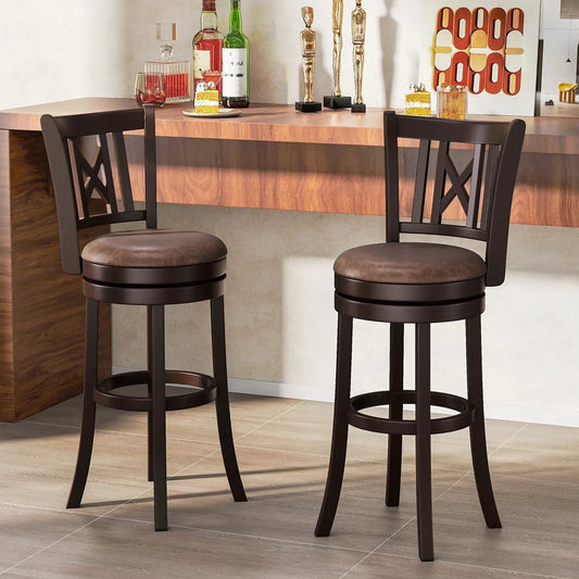 Set of 2 dark brown swivel bar stools with cushioned seats and hollow backrests on Tampa Home & Garden Store