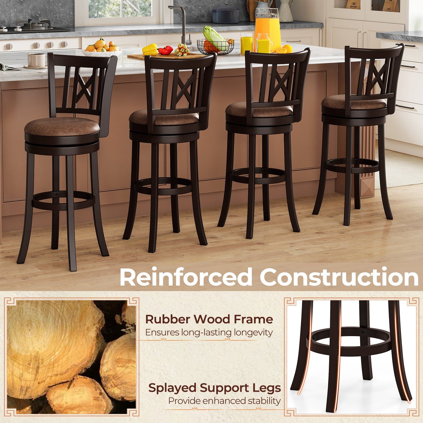Set of 2 Bar Stools Swivel Bar Chairs with Footrest and Hollowed Backrest