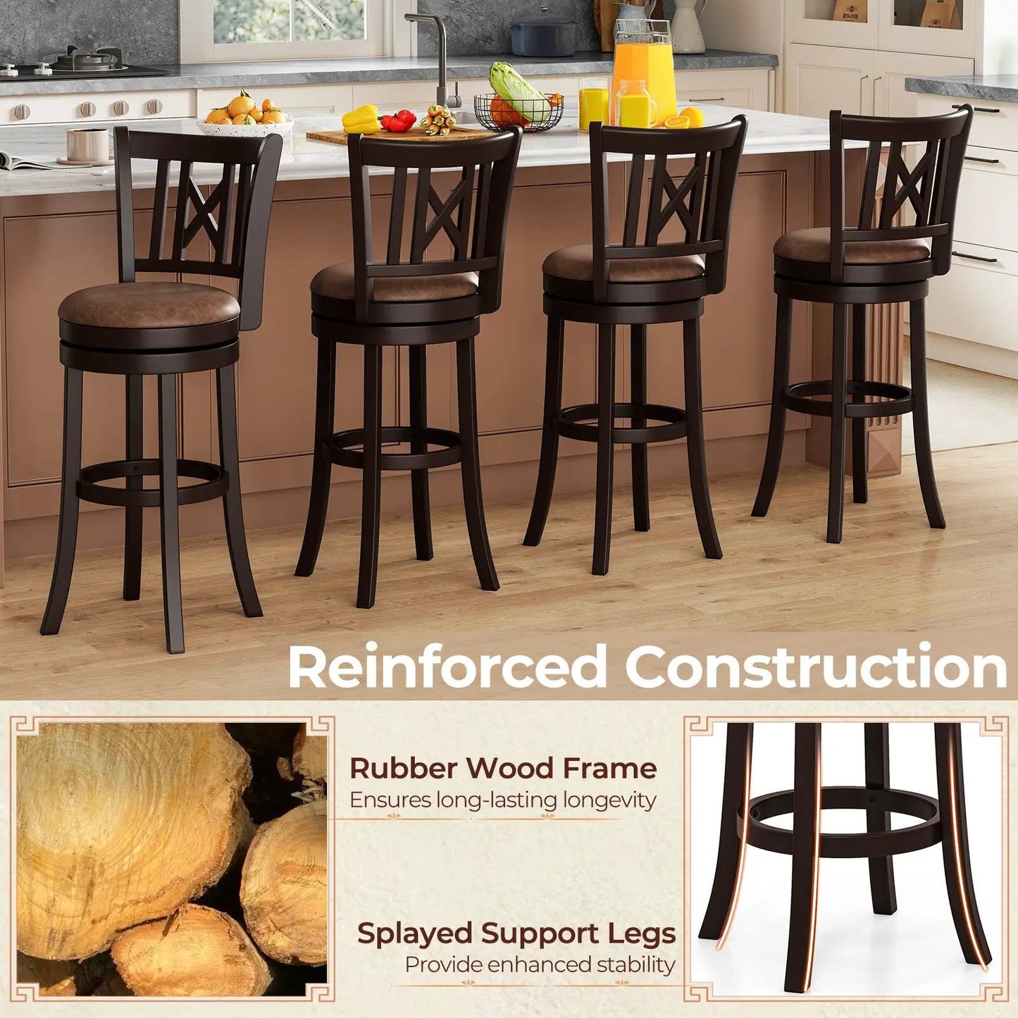 Four swivel bar stools with cushioned seats and hollow backrests around a kitchen island on Tampa Home & Garden Store