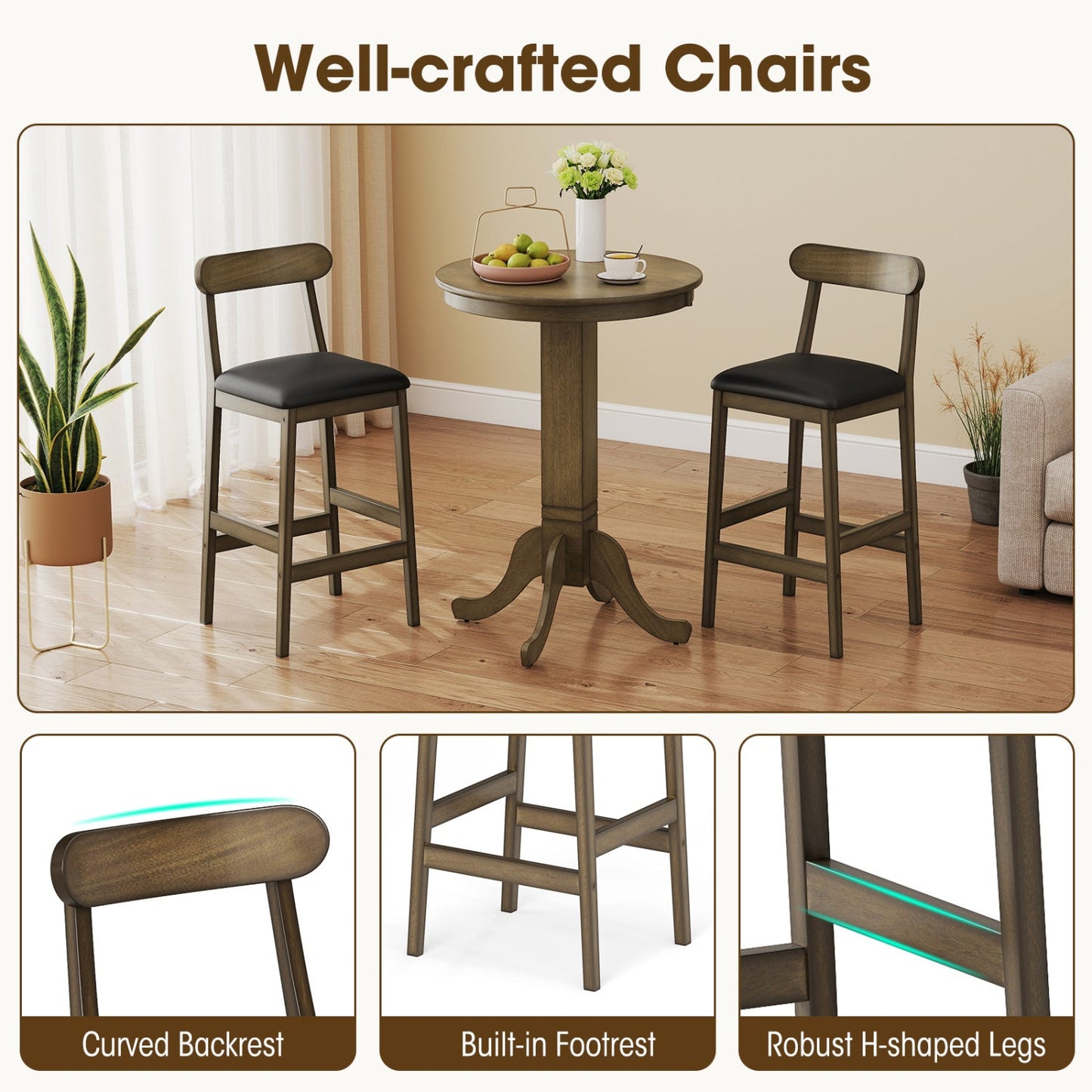 Bar stools set of 2 upholstered with dark rubber wood legs and built-in footrests on Tampa Home & Garden Store