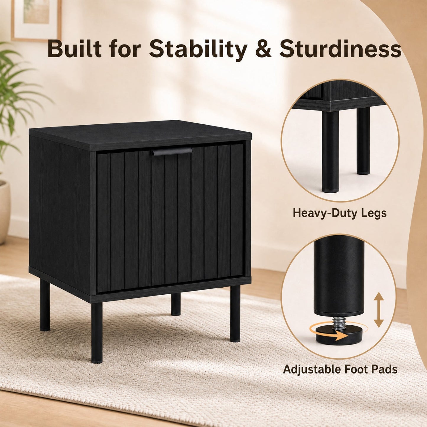 Nightstand set of 2 in black wood with vertical slatted doors, DirectDeals, heavy-duty legs on Tampa Home & Garden Store