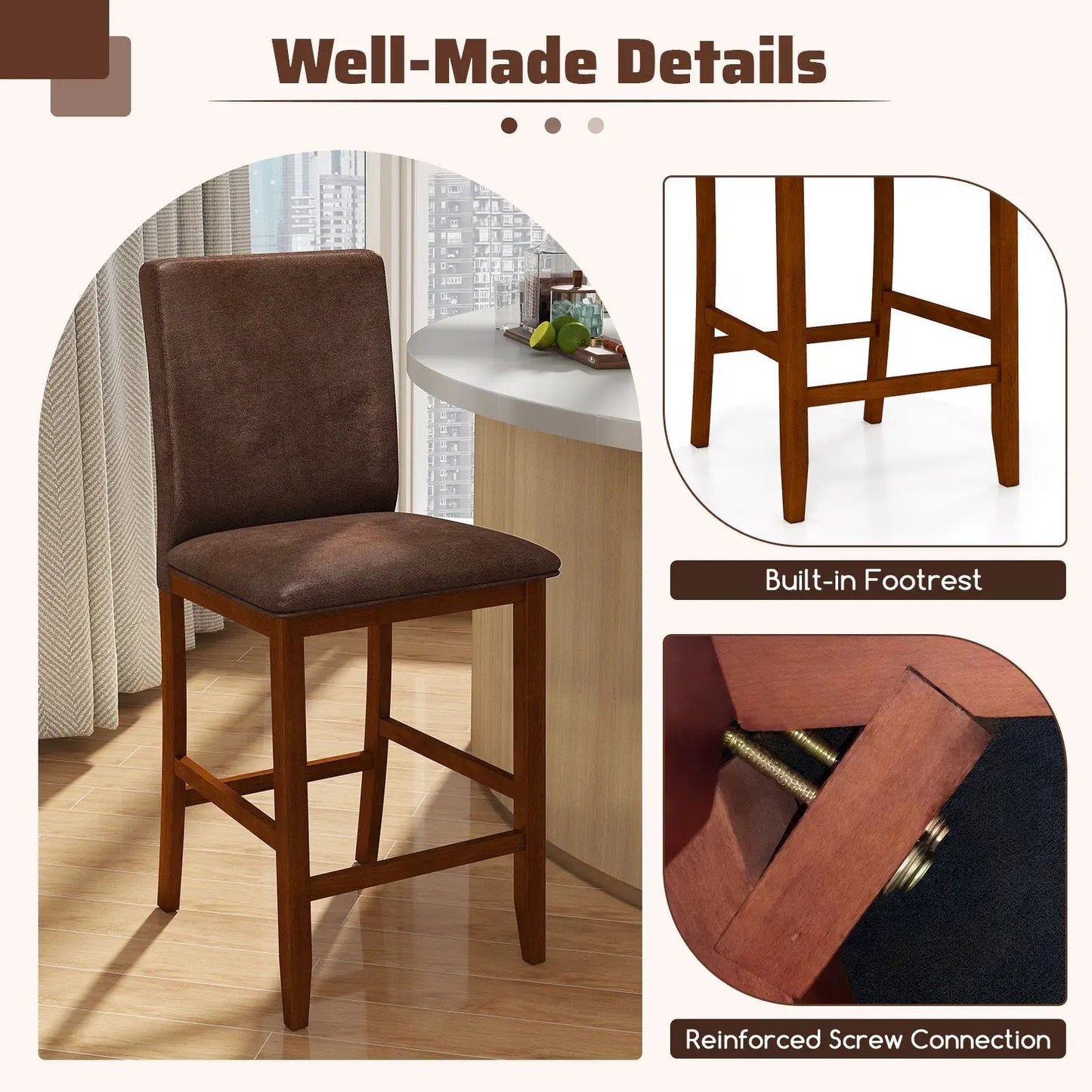 Set of 2 DirectDeals counter bar stools with brown upholstered seats and rubberwood legs built-in footrests on Tampa Home & Garden Store