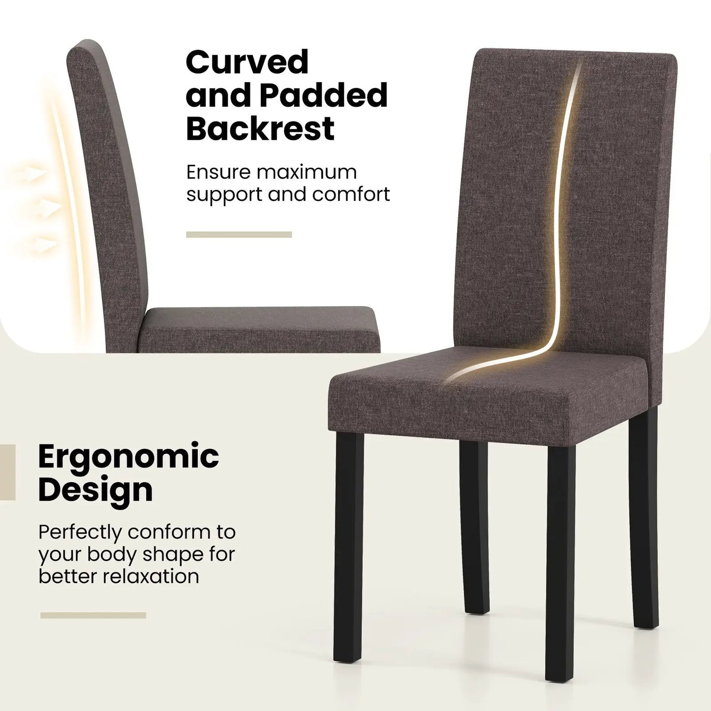 Parsons Dining Chairs set of 2, brown fabric with curved padded back and black legs on Tampa Home & Garden Store