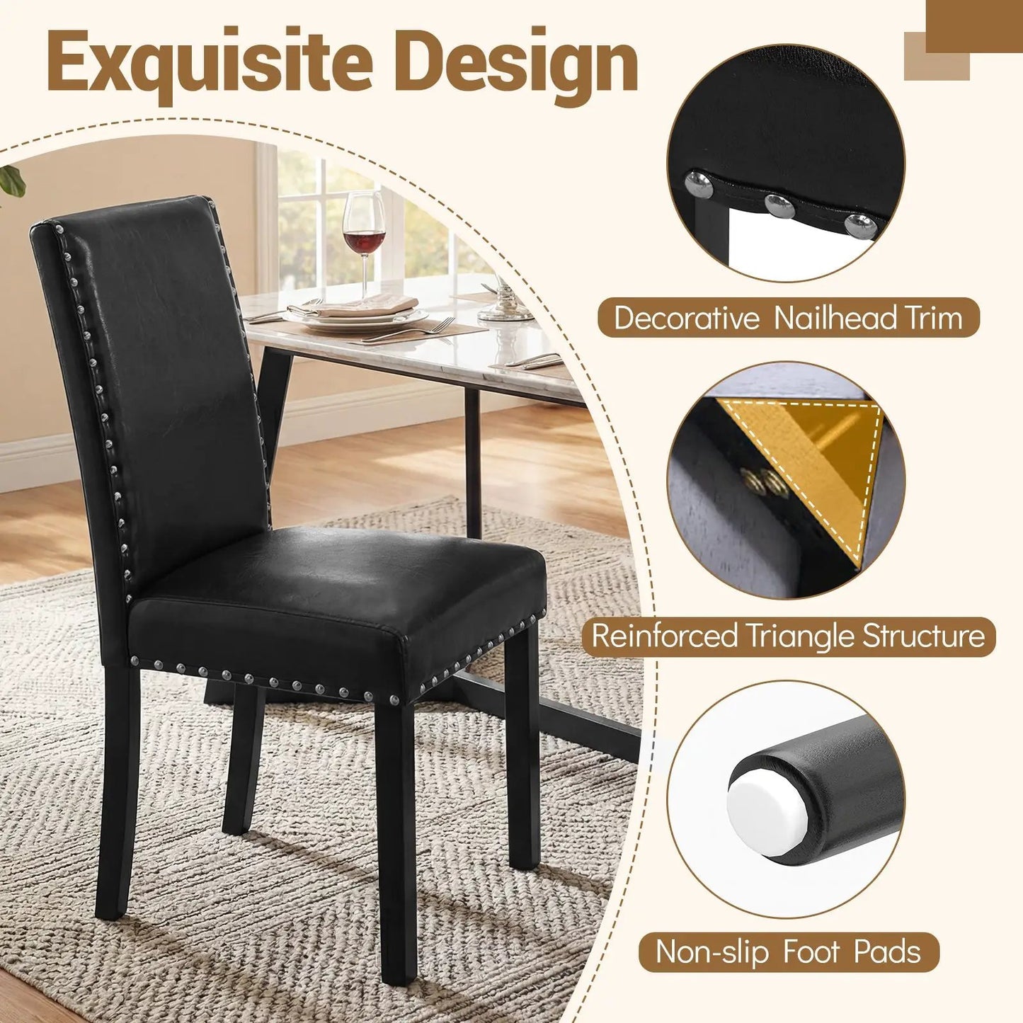 Set of 4 black dining chairs with nailhead trim and solid rubberwood legs on Tampa Home & Garden Store