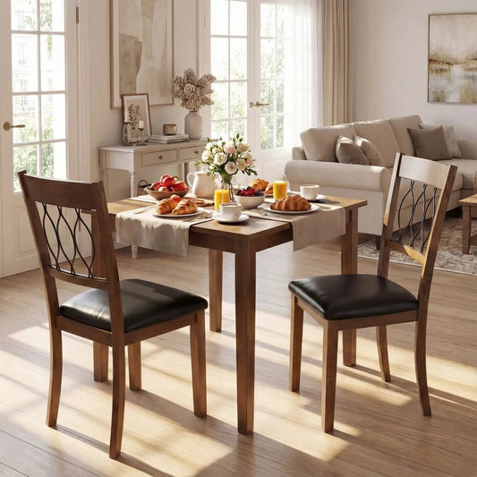 Two dining chairs with fabric and faux leather upholstery, wood frame metal back DirectDeals on Tampa Home & Garden Store