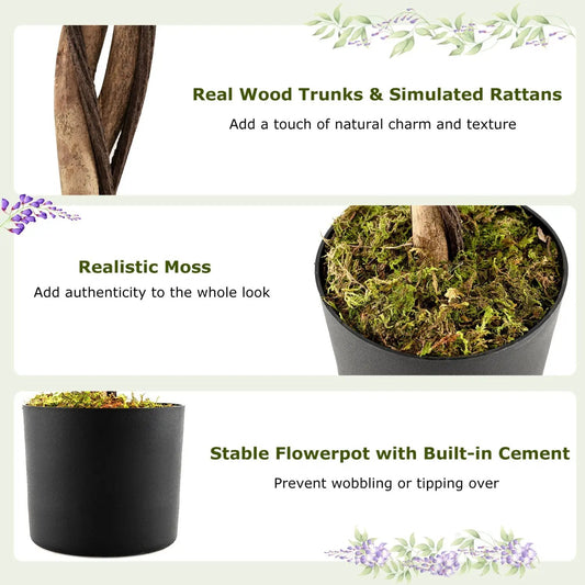 Two 6 ft artificial Wisteria trees with purple blooms and natural-looking trunks in mossy pots on Tampa Home & Garden Store