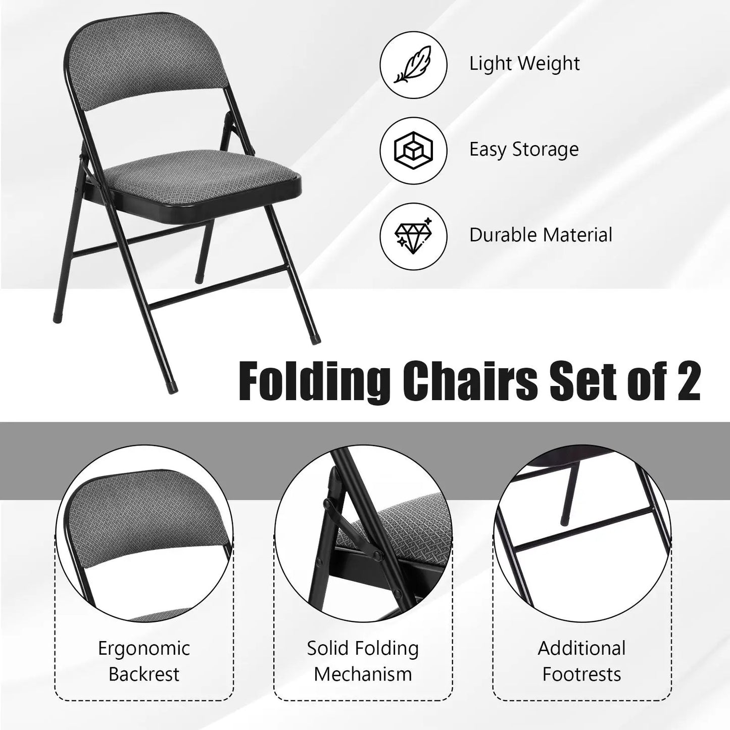 Fabric upholstered folding chair with gray padded seat and back, black metal frame, foldable design, set of 2 on Tampa Home & Garden Store
