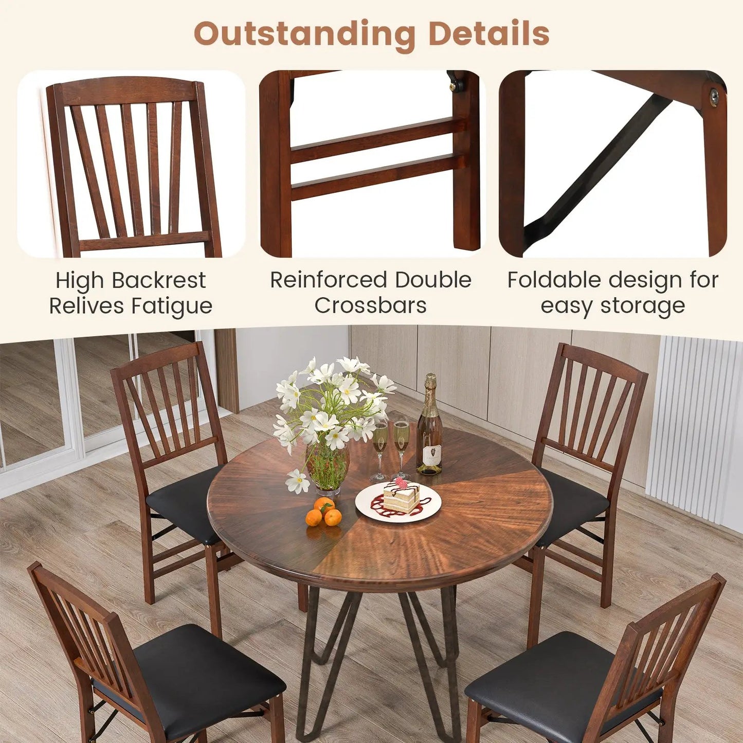 Set of 2 folding chairs with padded black seats and brown wood frames around round table on Tampa Home & Garden Store