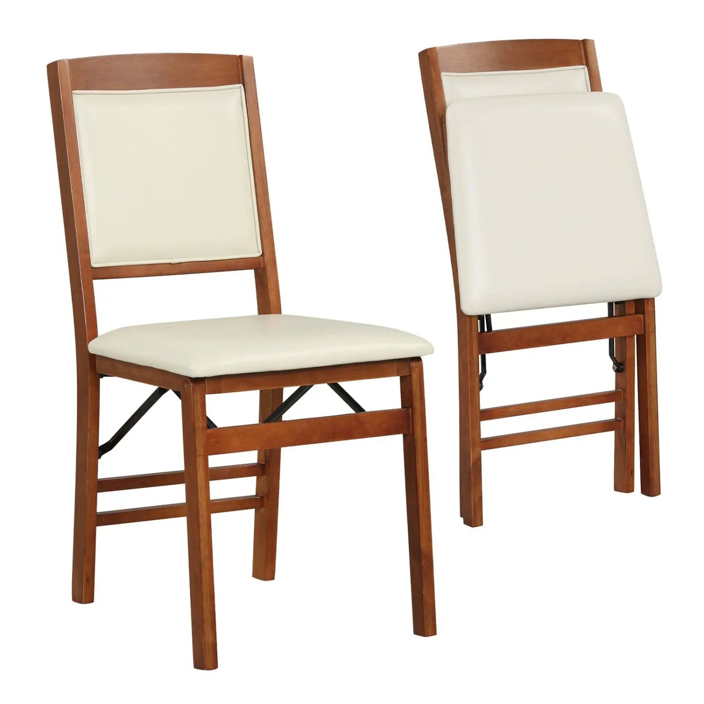 Two folding dining chairs with padded cream seats and high backrests, warm brown wood frames on Tampa Home & Garden Store