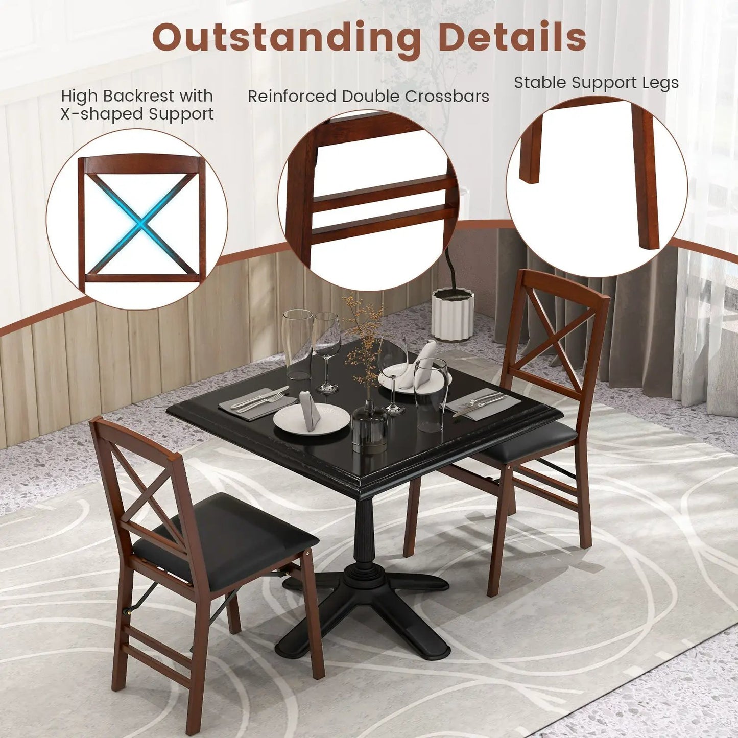 Set of 2 brown folding dining chairs with X-back, padded seats and 400 lbs capacity on Tampa Home & Garden Store