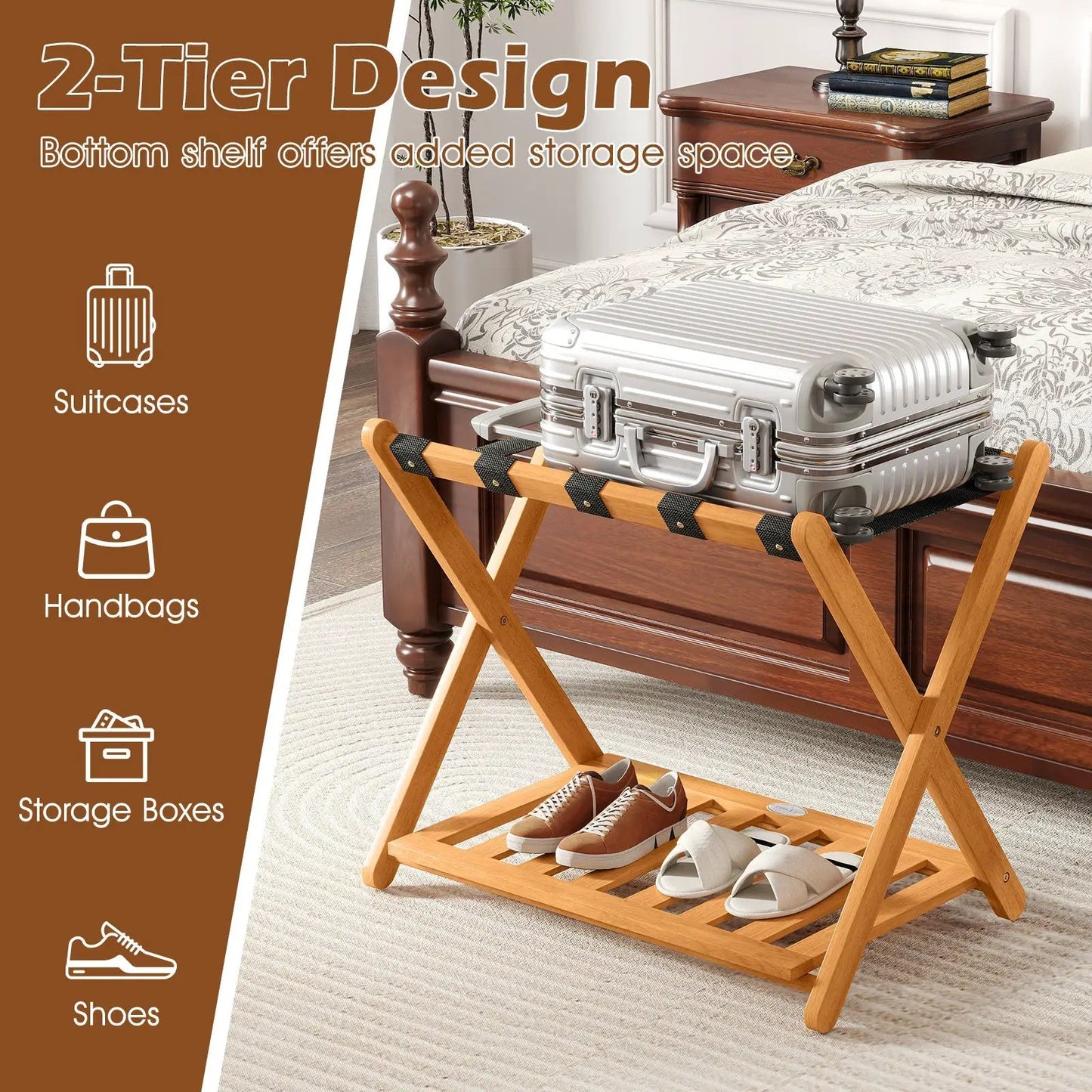 Set of 2 wooden folding luggage racks with slatted shelf and a silver suitcase on top on Tampa Home & Garden Store