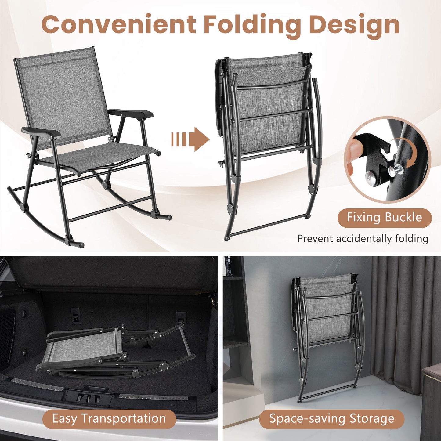 Folding Rocking Chair with Breathable Seat Fabric Set of 2-Gray