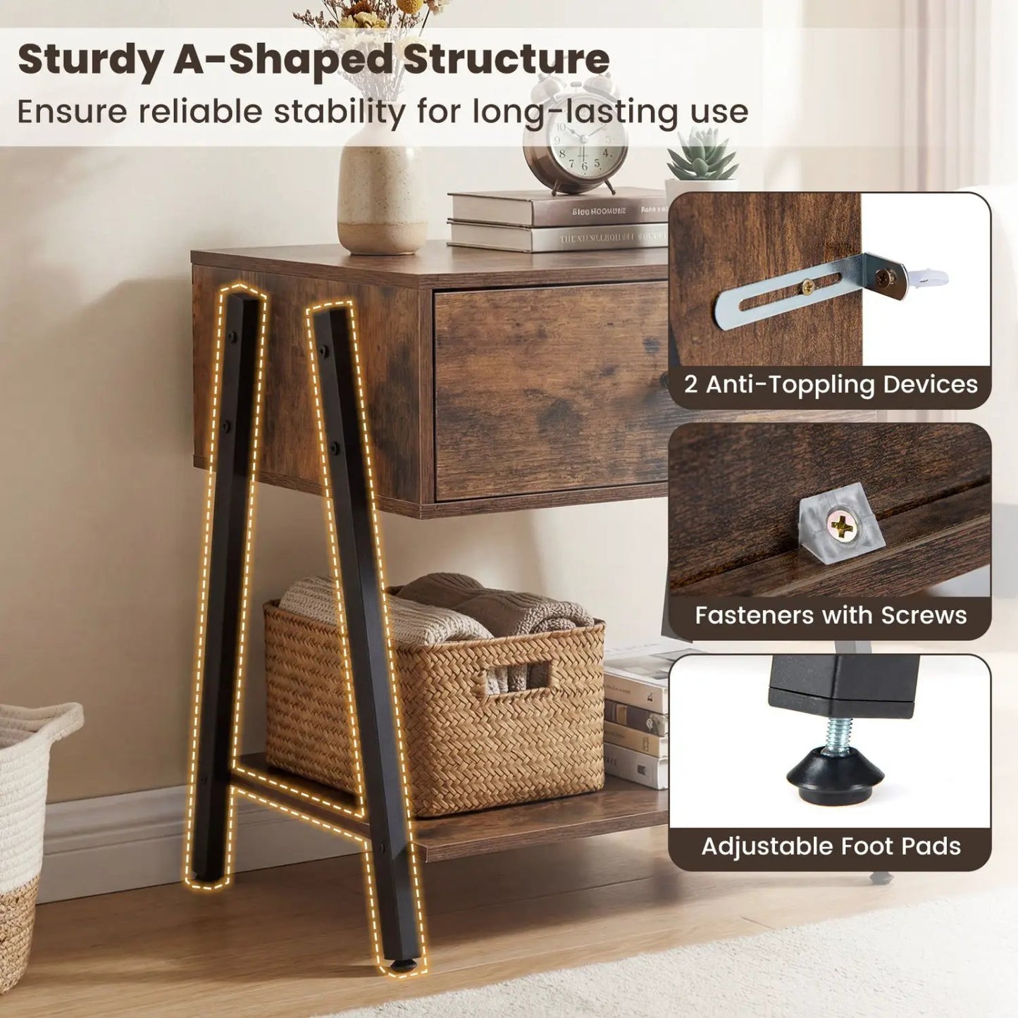 Industrial nightstand set of 2 with drawer and shelf in dark wood veneer DirectDeals on Tampa Home & Garden Store