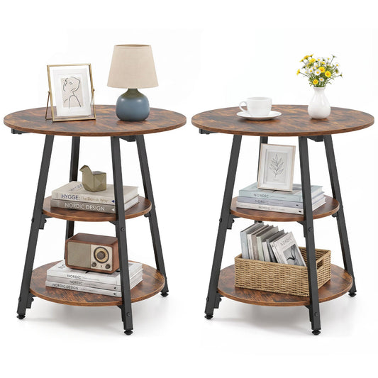 Industrial Side Tables Set of 2 with 3-Tier Shelves, round wood tops and black metal legs on Tampa Home & Garden Store