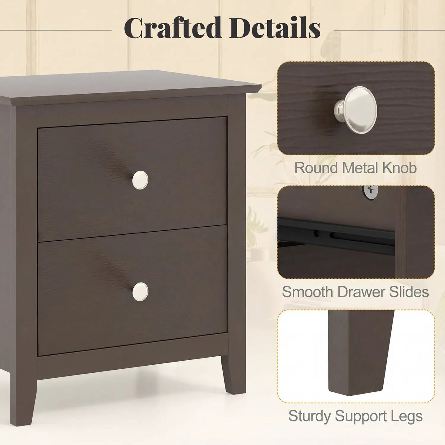 Set of 2 dark brown modern nightstands with two drawers and round metal knobs on Tampa Home & Garden Store