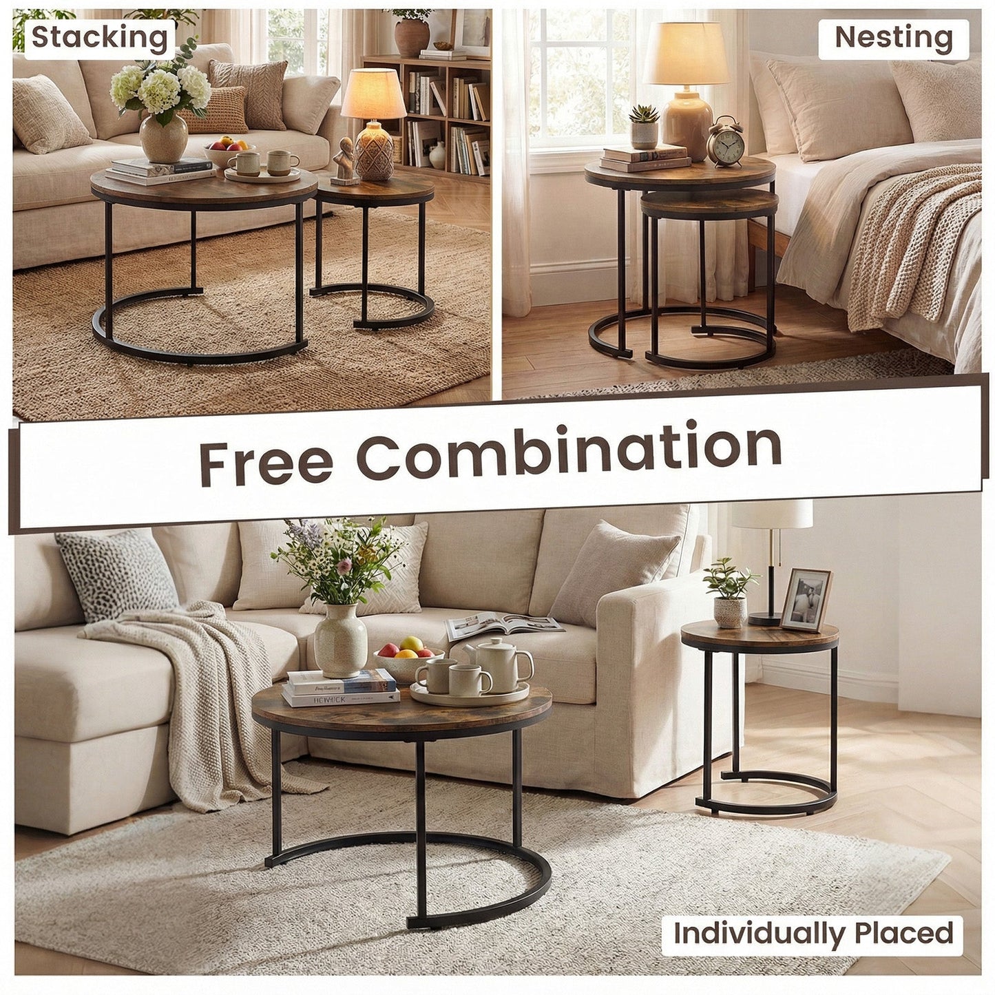 Set of 2 Round Nesting Coffee Tables by DirectDeals with wood tops and black metal frames on Tampa Home & Garden Store
