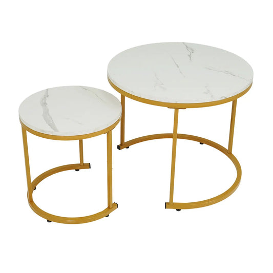 Set of 2 round marble-top nesting coffee tables with gold metal frames on Tampa Home & Garden Store