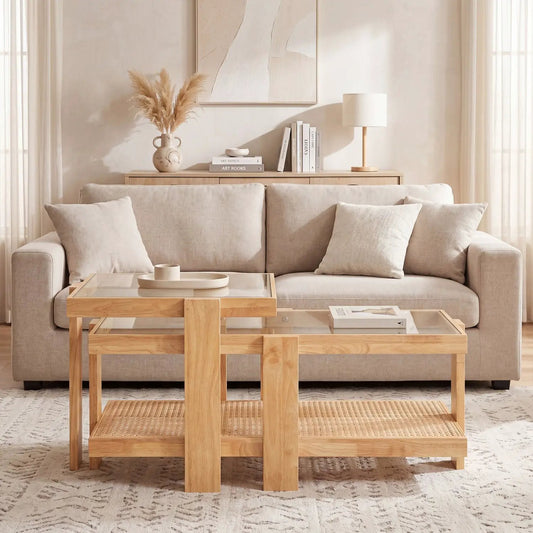 Nesting coffee tables set of 2 in natural wood with glass tops and rattan shelf DirectDeals on Tampa Home & Garden Store