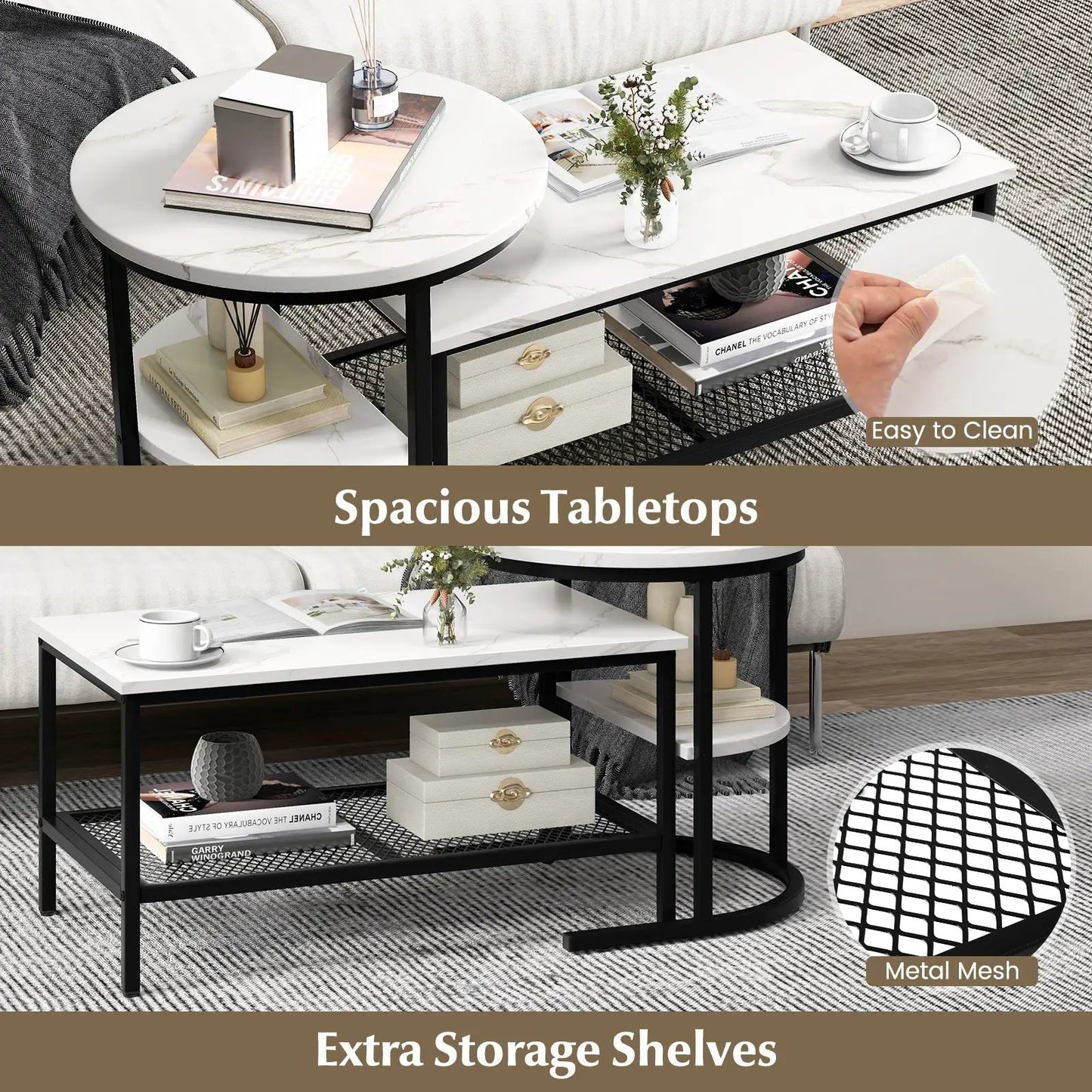 Nesting coffee tables set with storage, black metal frame and white marble tops, 2 tables on Tampa Home & Garden Store