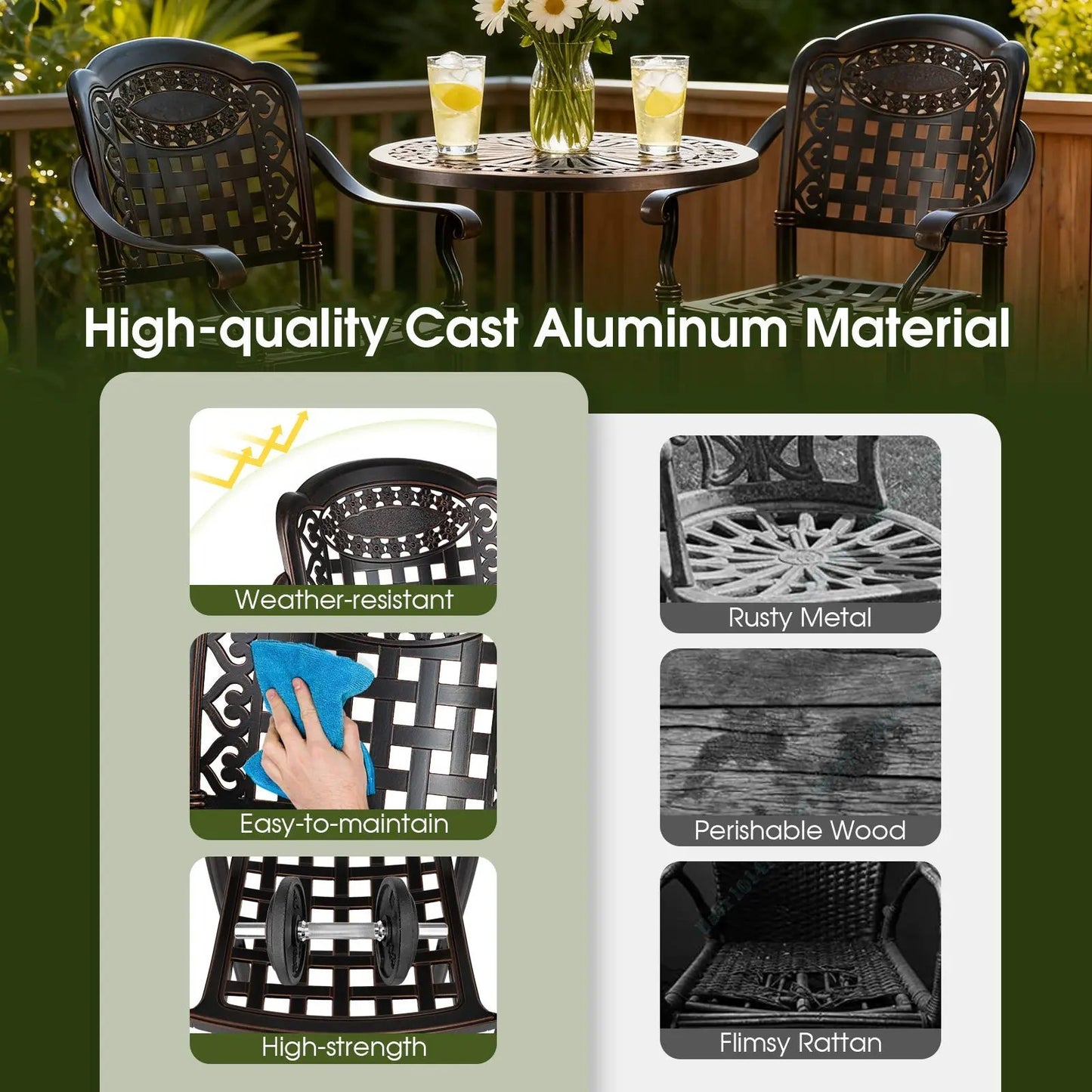 Set of 2 copper-finish cast aluminum outdoor bar stools with lattice-back design on Tampa Home & Garden Store