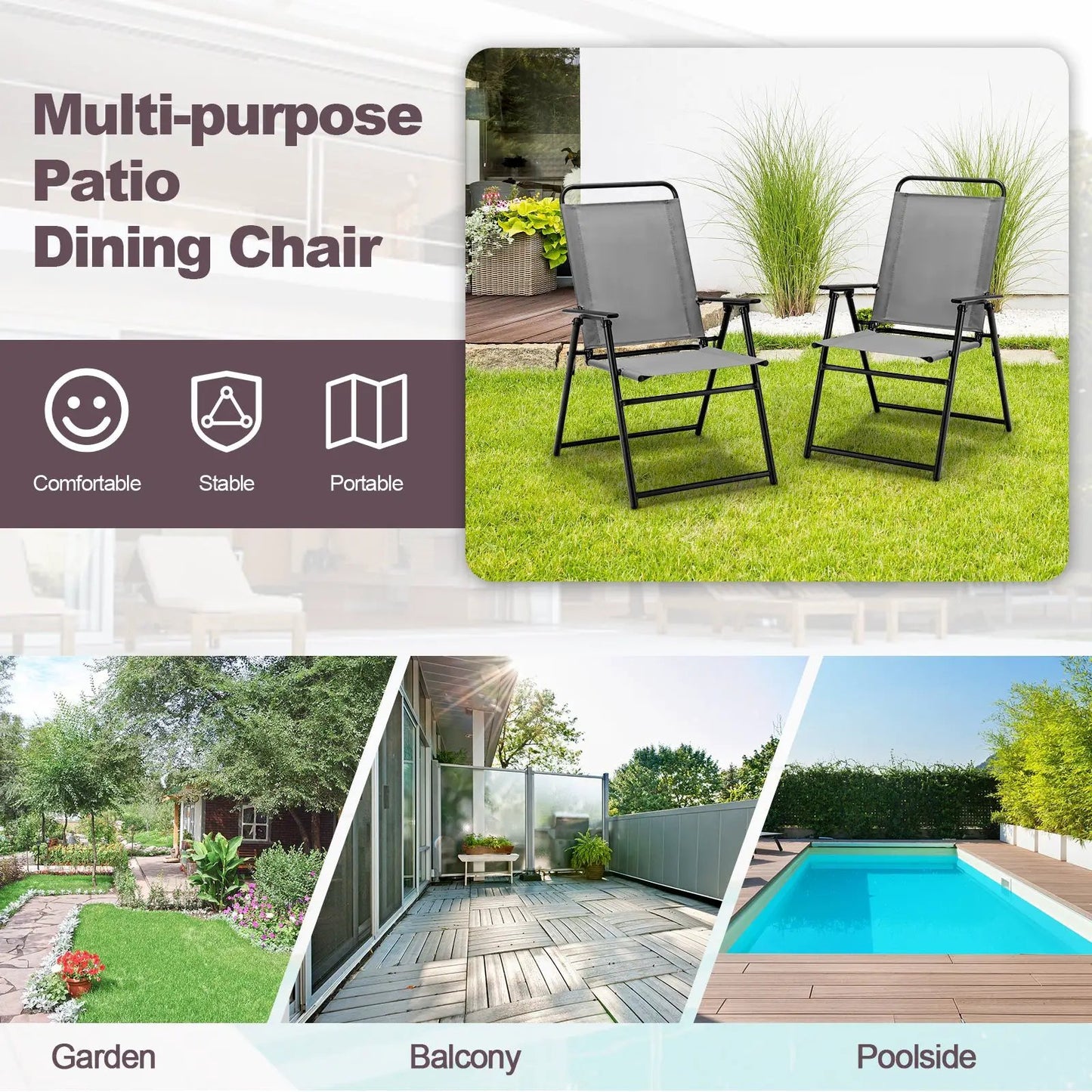 Set of 2 gray outdoor folding sling chairs with armrests on black metal frames on Tampa Home & Garden Store