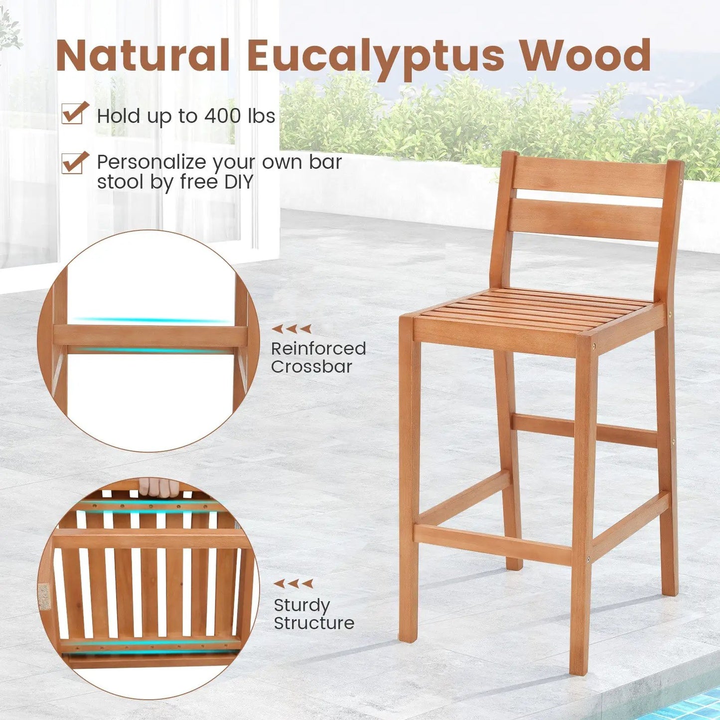 Set of 2 natural wood outdoor bar stools with slatted seats and backrests, reinforced crossbars on Tampa Home & Garden Store