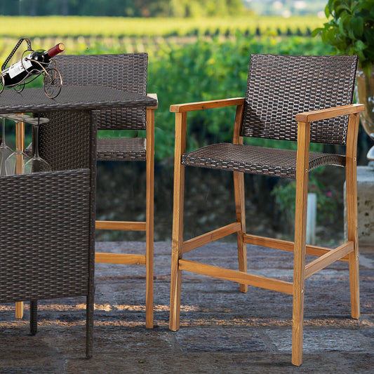 Set of 2 PE Wicker Patio Bar Chairs with Acacia Wood Armrests-Set of 2 - Tampa Home & Garden Store