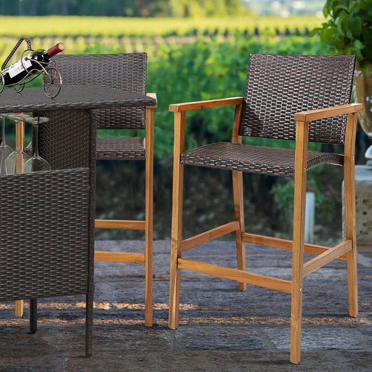 Set of 2 PE Wicker Patio Bar Chairs with Acacia Wood Armrests-Set of 2 - Tampa Home & Garden Store