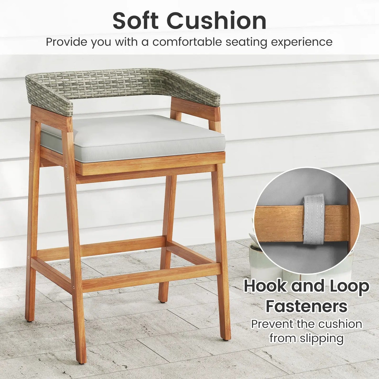 Set of 2 acacia wood counter-height bar stools with gray cushions and woven backrests on Tampa Home & Garden Store