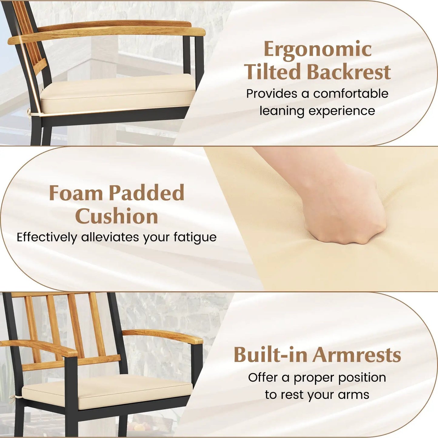 Two DirectDeals patio dining chairs with removable beige cushions, black frame and armrests on Tampa Home & Garden Store