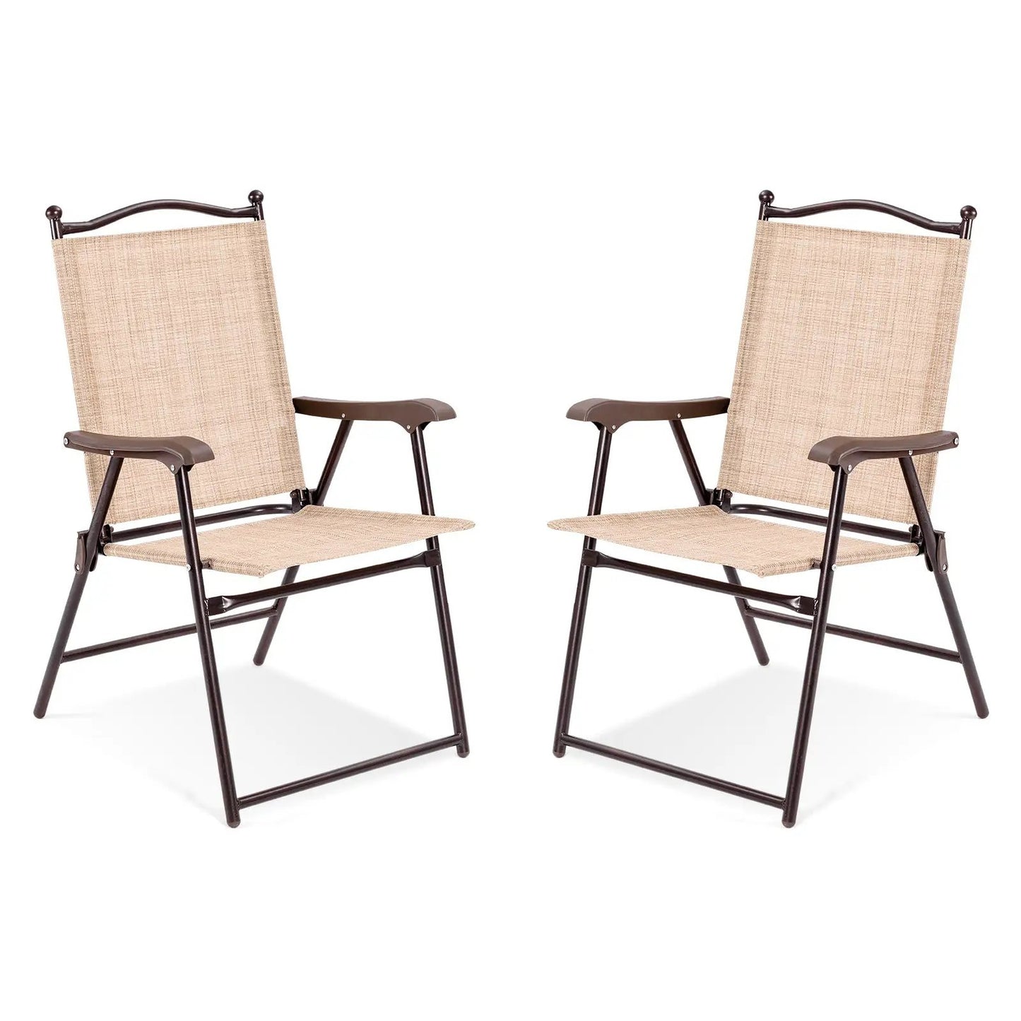 Set of 2 DirectDeals patio folding sling back chairs with tan woven fabric and brown frame on Tampa Home & Garden Store