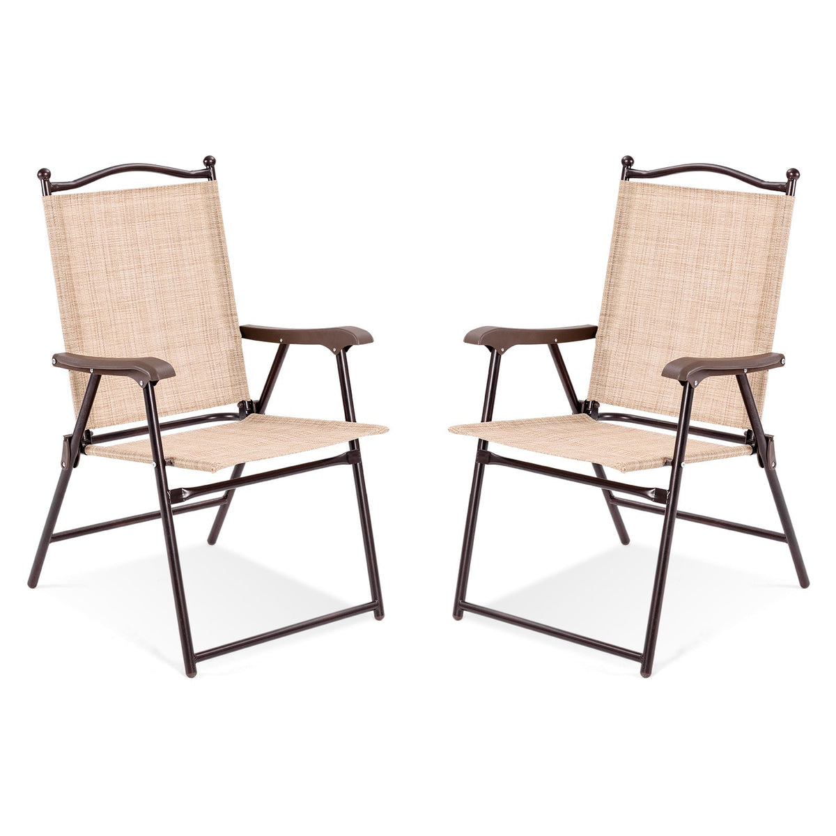 Set of 2 Patio Folding Sling Back Camping Deck Chairs GemGear beige sling fabric brown frames on Tampa Home & Garden Store