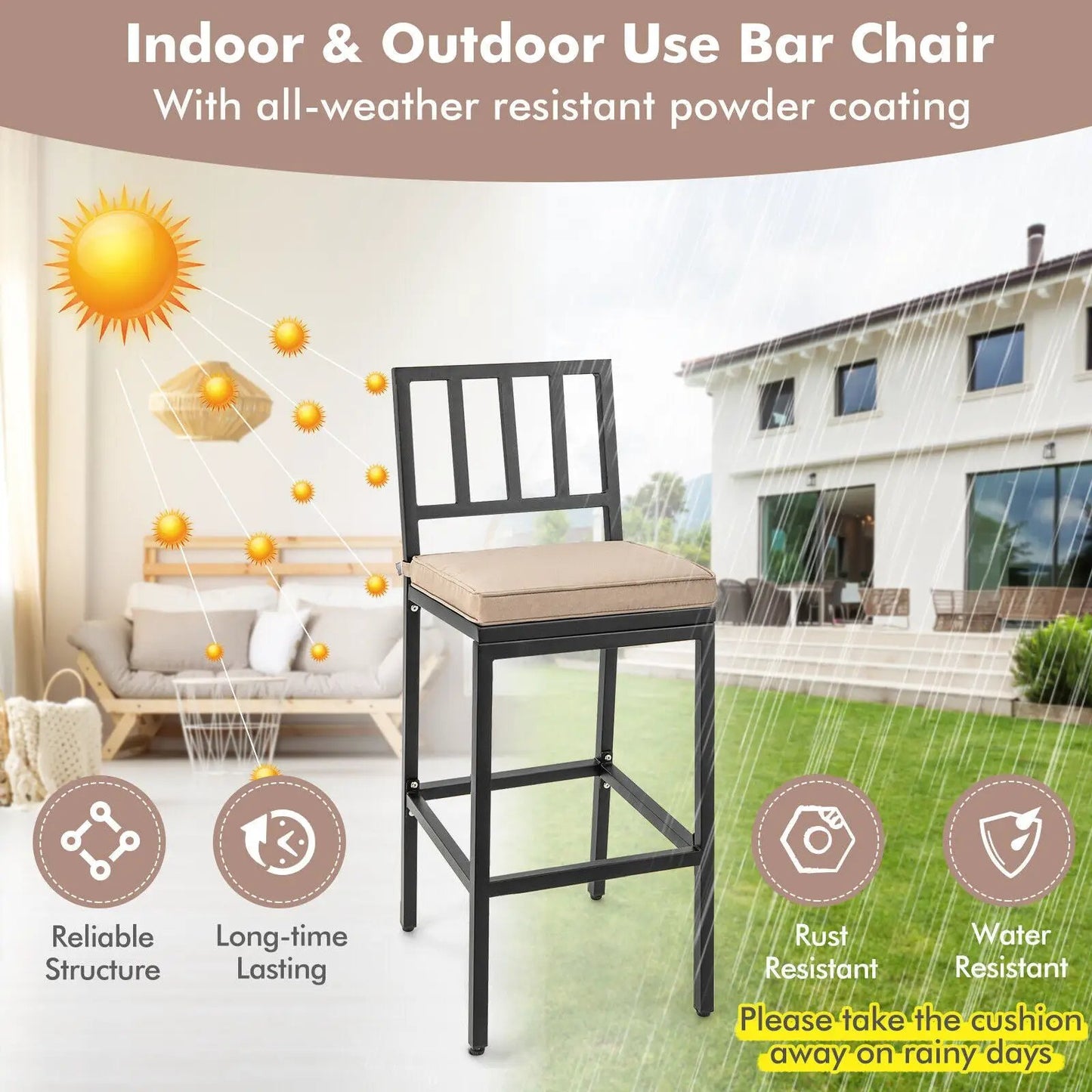 Set of 2 DirectDeals patio bar chairs with detachable beige cushions, black metal frame on Tampa Home & Garden Store