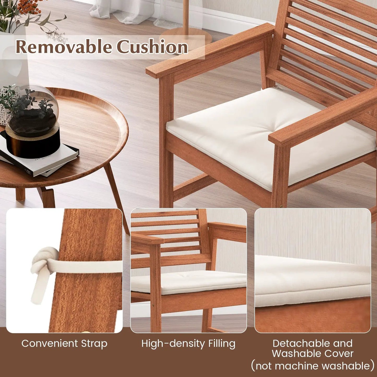 Set of 2 patio wood dining chairs with white removable cushions DirectDeals on Tampa Home & Garden Store