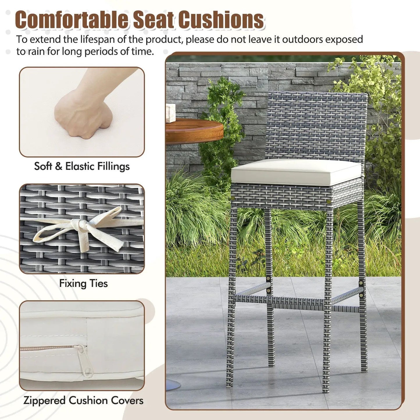 Set of 2/4 Patio Wicker Barstools with Soft Seat Cushion and Cozy Footrest-Set of 2 - Tampa Home & Garden Store