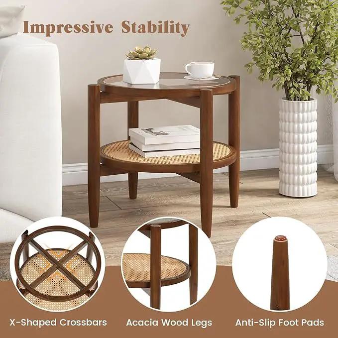 Round Rattan Side Table Set with Glass Top