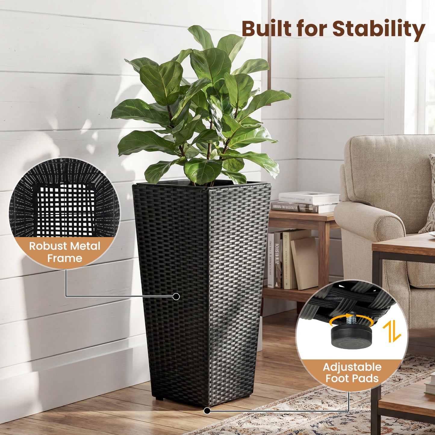 Set of 2 black rattan tall plant pots with detachable liners by DirectDeals on Tampa Home & Garden Store