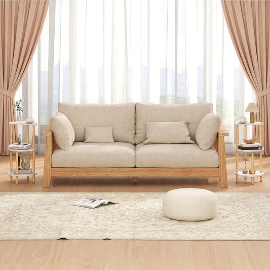 Two round end tables with 3-tier bamboo shelves and wood frames beside a beige sofa on Tampa Home & Garden Store